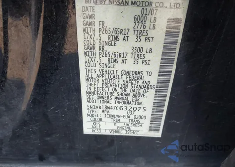 2007 Nissan Pathfinder Le z USA, uszkodzony, nr VIN 5N1AR18W47C632075